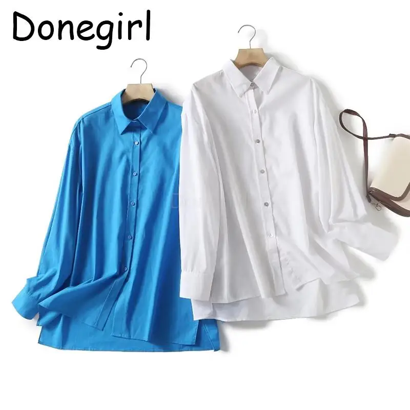 

Donegirl 2023 Women New Spring Summer Long Sleeve Solid Linen Lapel Shirt Casual Simple Loose Basic Blouses Female Tops Chic