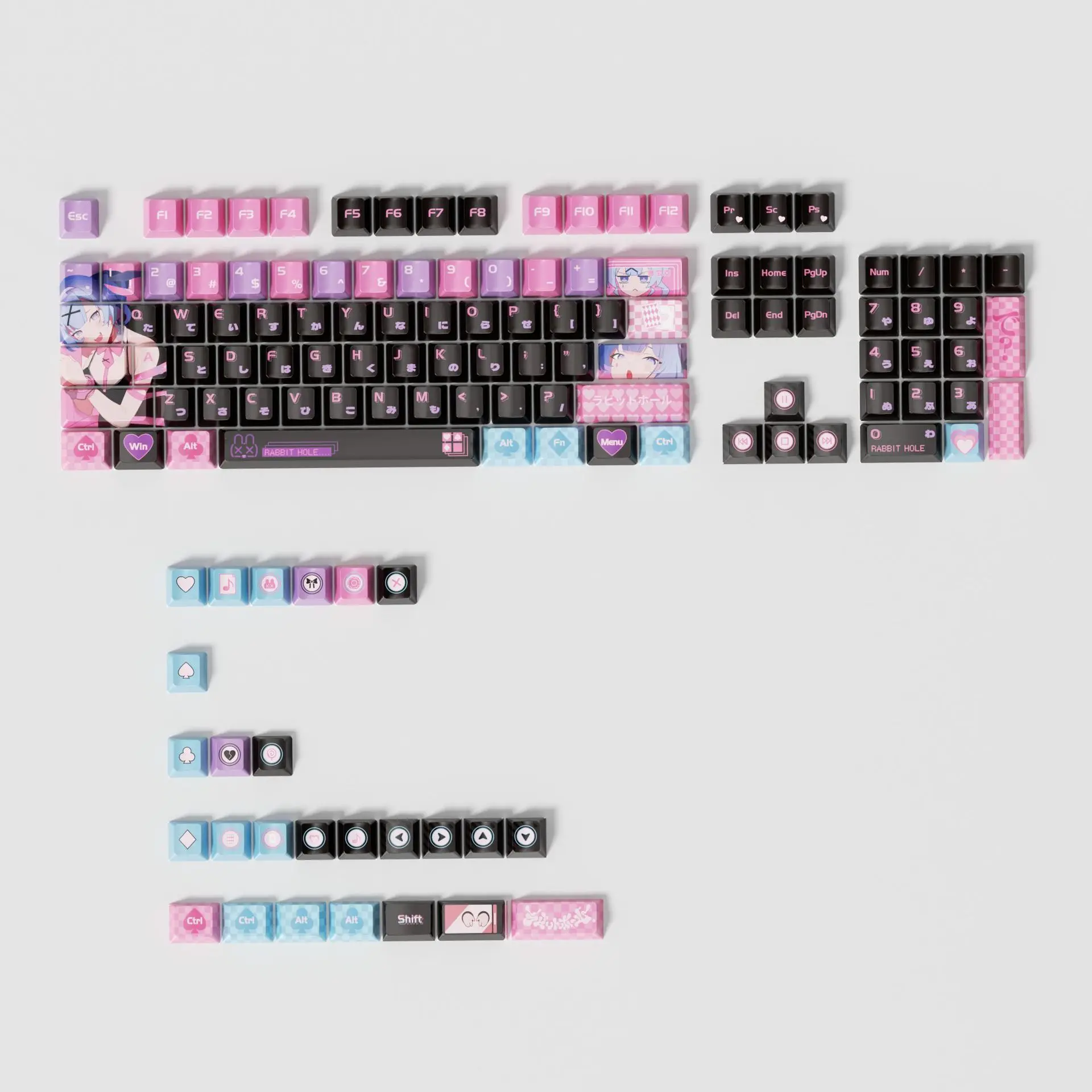 Keycaps Pink Anime Rabbit Hole Bahan PBT Dye-Sublimated 132-Key Set Lengkap Tinggi Standar Keyboard Mekanik