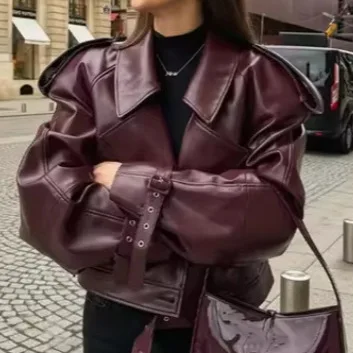 Autumn Winter Women's Leather Jacket Personalized Street PU Lapel Adjustable Cuffs Retro Locomotive Jacket Europe America