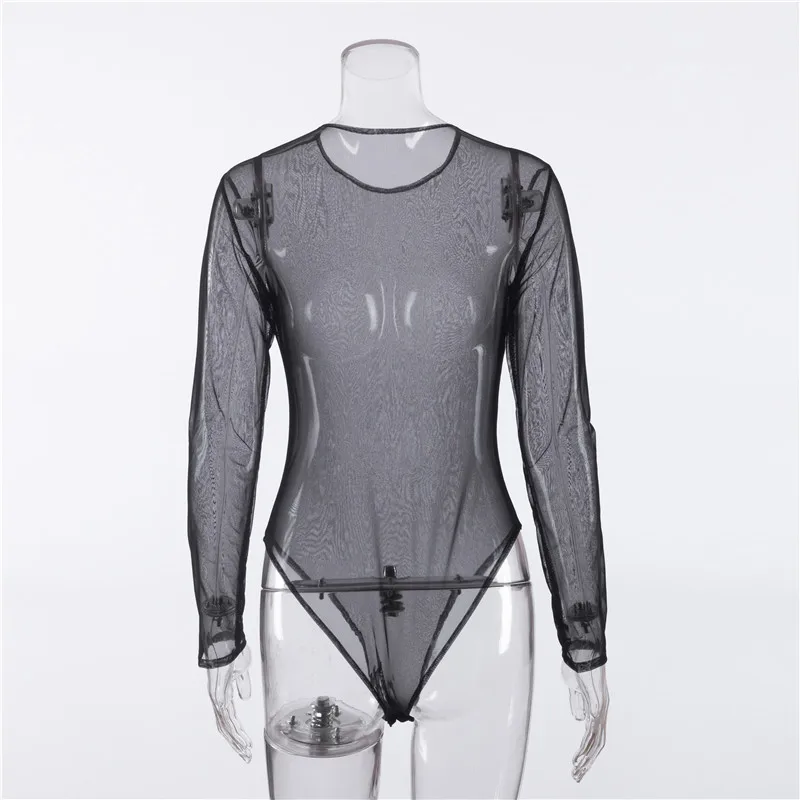 Bkld Zwarte Bodysuit 2024 Zomer Nieuwe Effen Kleur Sexy Slim Fit Ronde Hals Mesh Perspectief Lange Mouw Bodysuit Kleding Voor Dames