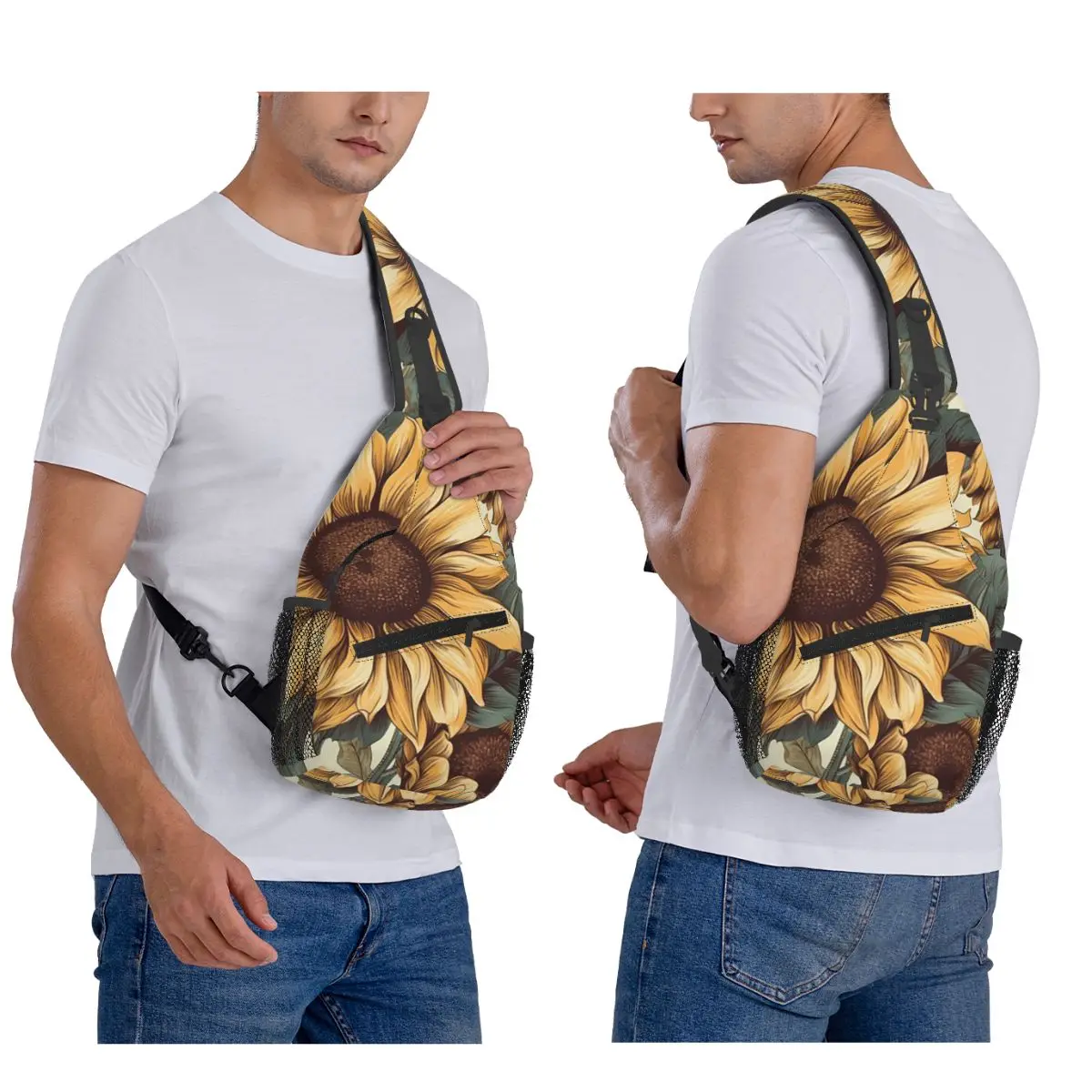 Golden Sunflower Cluster Vintage Botanical Drawing Chest Bag Men Sling Crossbody Backpack Chest Bag Travel Daypack Shoulder Bag