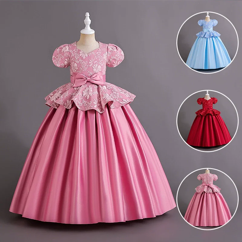 Fashion Flower Girl Dresses for Weddings Lace Short Sleeve Bow Kids Girls Party Dress Summer Girl Evening Gown 3-13 Years