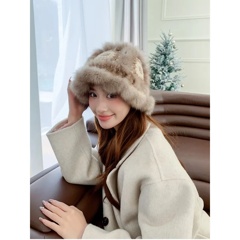 Winter fur bucket hat sable hair woven lion hat women real hair crochet ear warm hat