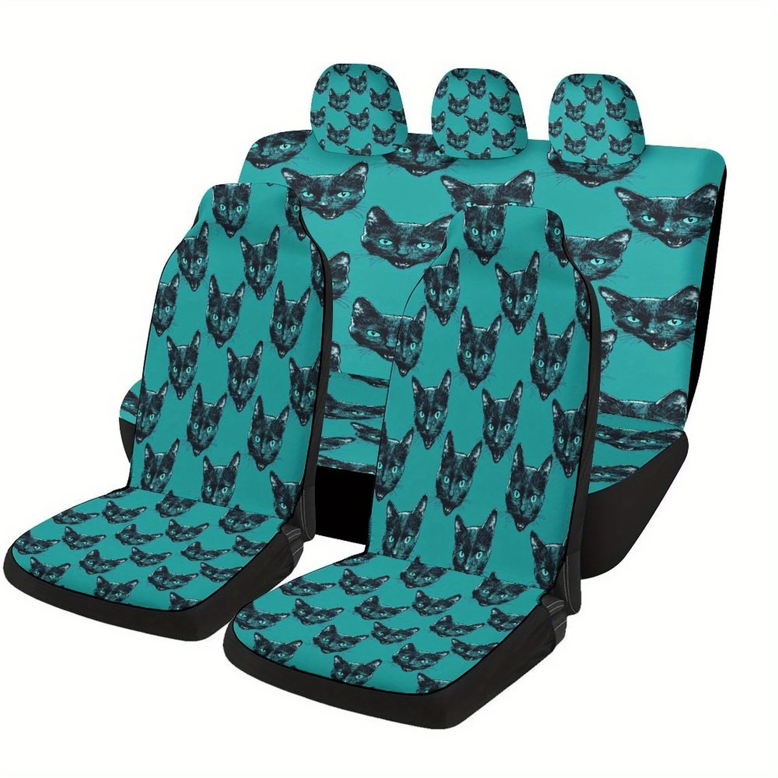 Set Of Car Seat Covers Featuring A Black Cat Design, Suitable For Various Vehicles. Stylish And Unique, This Complete Set Includ