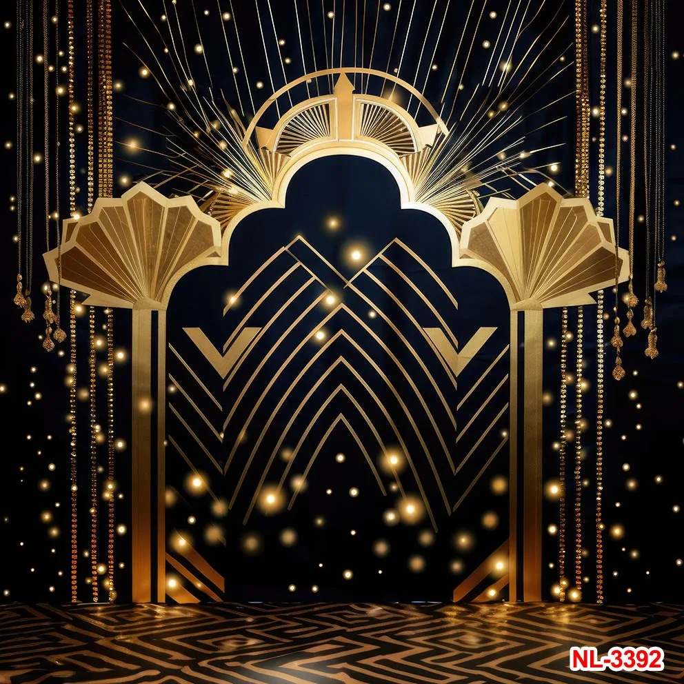 Great Gatsby Theme Backdrops Party Golden Black 1920s Retro Art Portrait Decoration Children Happy Birthday Backgrounds Props