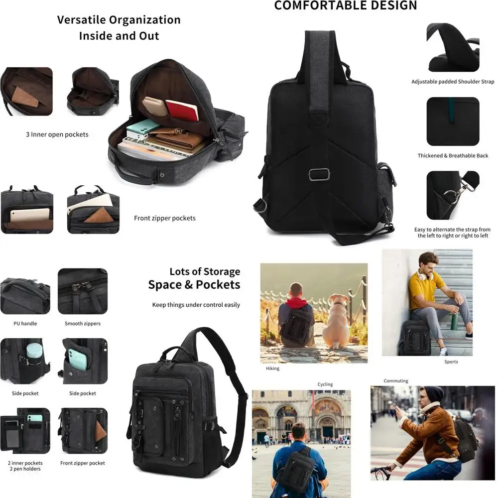 

Men's Large Canvas Sling Backpack: Laptop Daypack for Hiking, School, and Casual Use