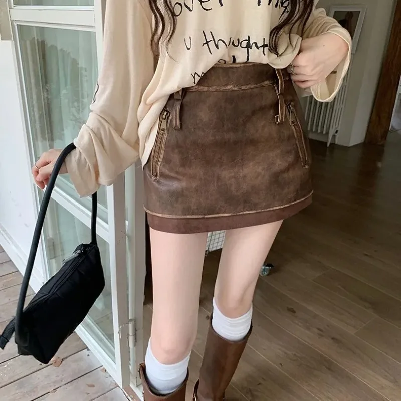 Women Vintage Washed Faux Leather Mini Skirts High Waist Autumn Winter New Double Side Zipper American Y2K Bag Hip Short Skirts
