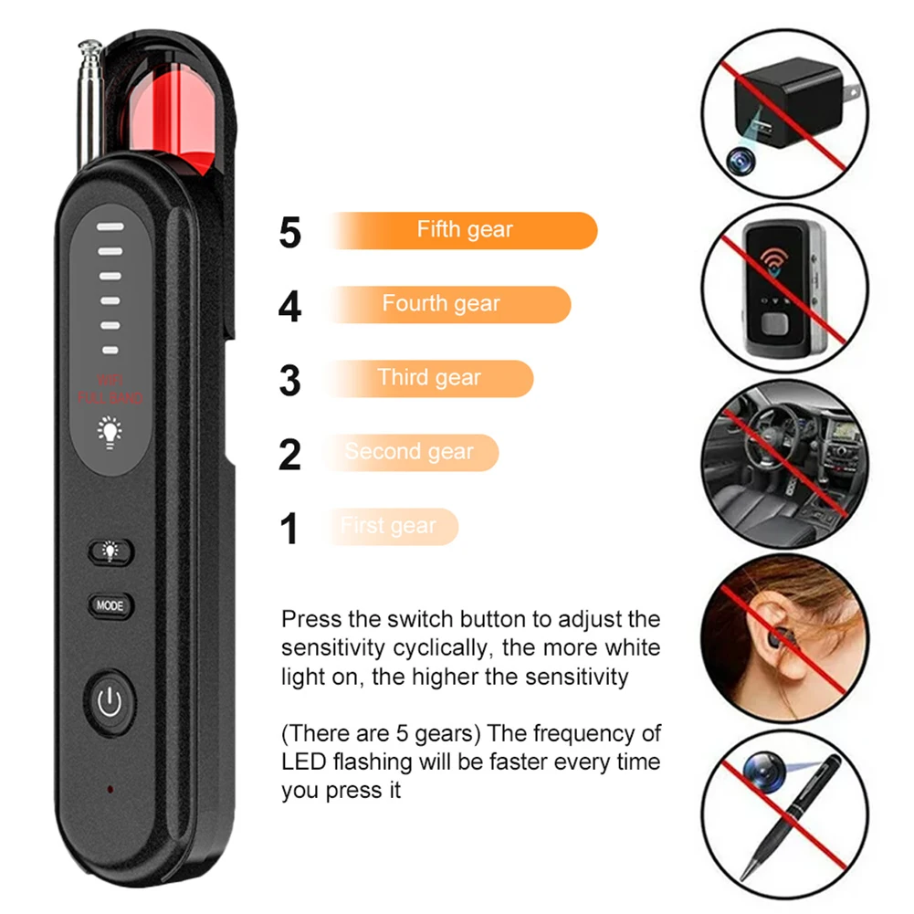 Camera RF Signal Detector Anti-Eavesdropping Anti-Spy Detector Anti Candid Radio Jammer 6 Levels Adjustable Sensitivity for Car