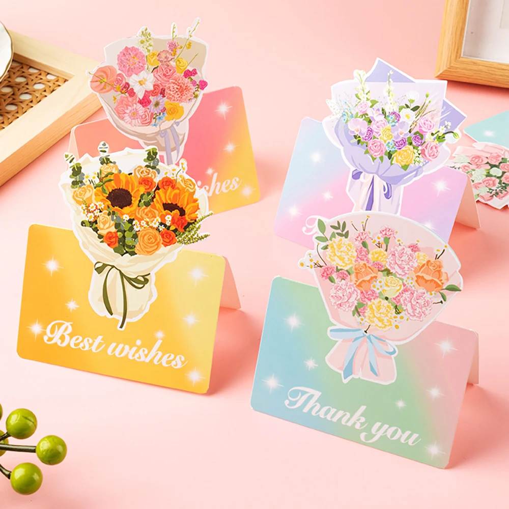 6 pcs 3D Flower Appreciation and Blessing Card English Appreciation Card Flower Shop Blessing Festival Card