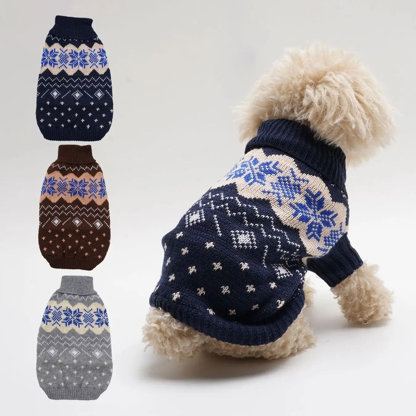 

3 Pack Autumn Winter Pet Clothes High Neck Knitted Warm Snow Wave Flower Block Print Dog Sweater for Small Medium Dogs
