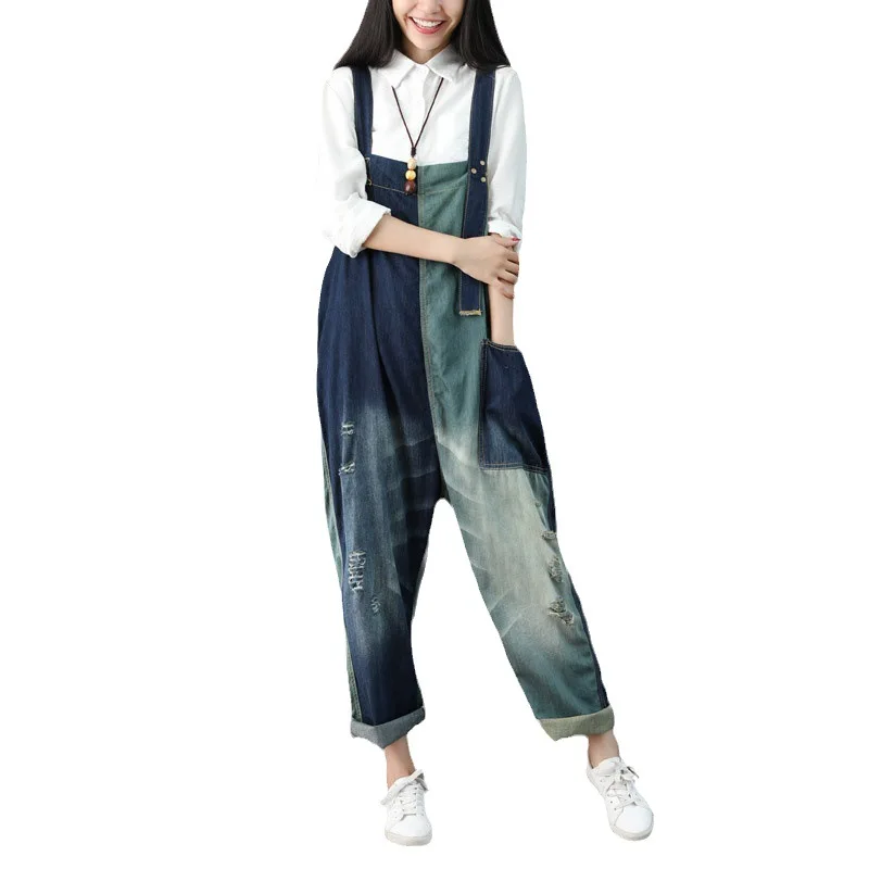 2025 female new spring and summer plus size Vintage jeans with color blocking ripped holes personalized loose casual overalls