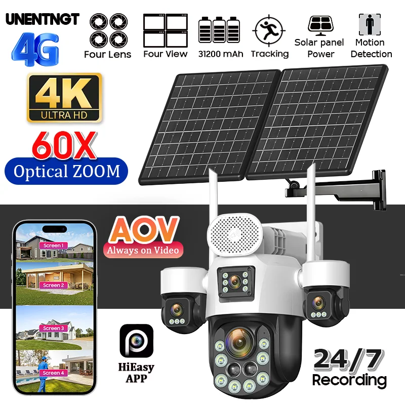 4K AOV 4G/eSIM Solar Camera Home Outdoor 60X Optical ZOOM Four Lens Security 24/7 Video Recording Auto Tracking Surveillance Cam
