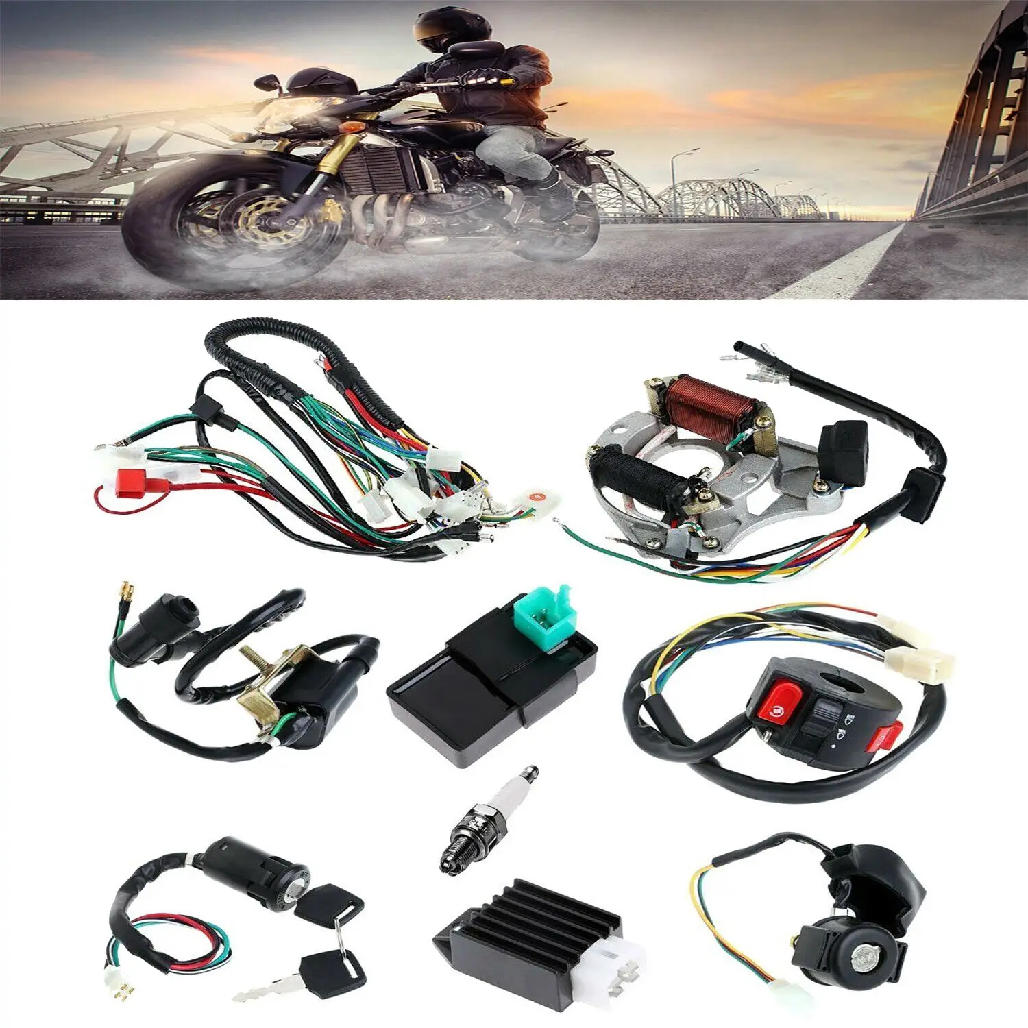 Complete Stator Wiring Harness CDI Ignition Coil Solenoid Set for ATV Electric Quad Bike 50Cc - 125Cc