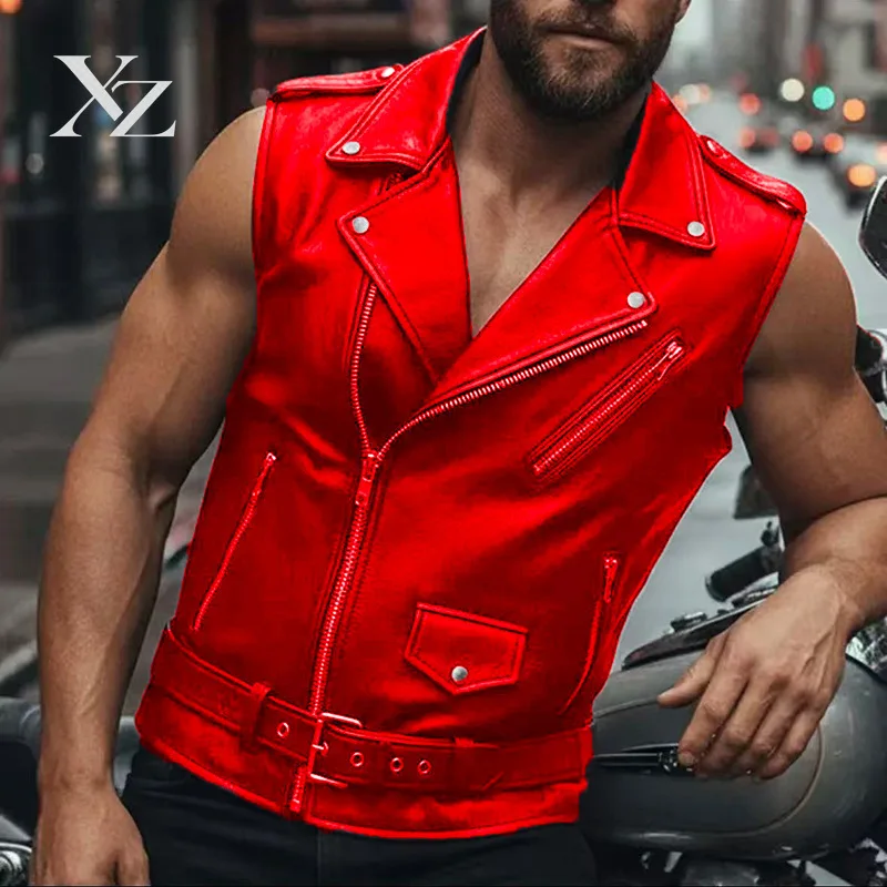 Durable Men's Faux Leather Biker Vest, Sleeveless Motorcycle Waistcoat with Zipper & Belt, Hot Sale Punk Streetwear Style