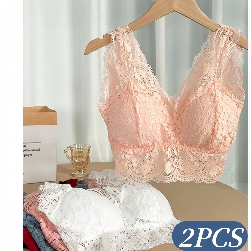 2-teiliges Set Spitzen-BH Tanktop Damen V-Ausschnitt Bügelloser BH Crop-Top Damenunterwäsche Gepolsterter Bralette Einfarbig Sexy Dessous