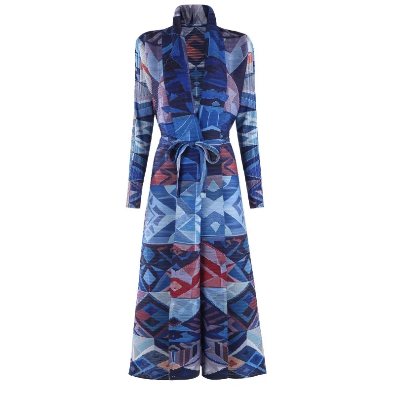 

Abaya Pleated Fashion Printed Long Trench Coat Loose Plus Size Long Sleeve Stretchy Robe Middle East Women Conservative Clothing