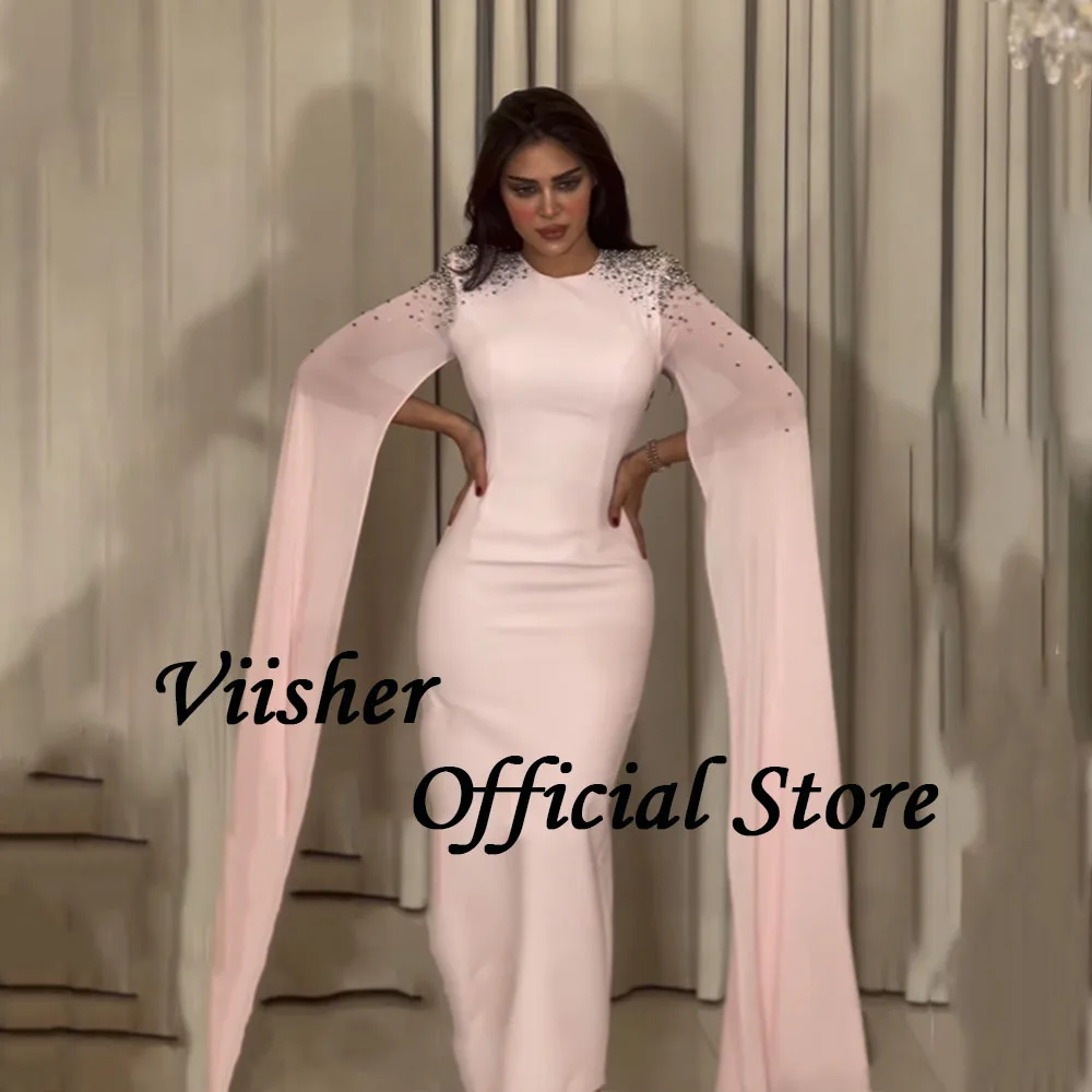 Viisher Pink Mermaid abiti da sera perle Cape Sleeve stretto lungo abito da ballo formale Dubai abiti da sera arabi