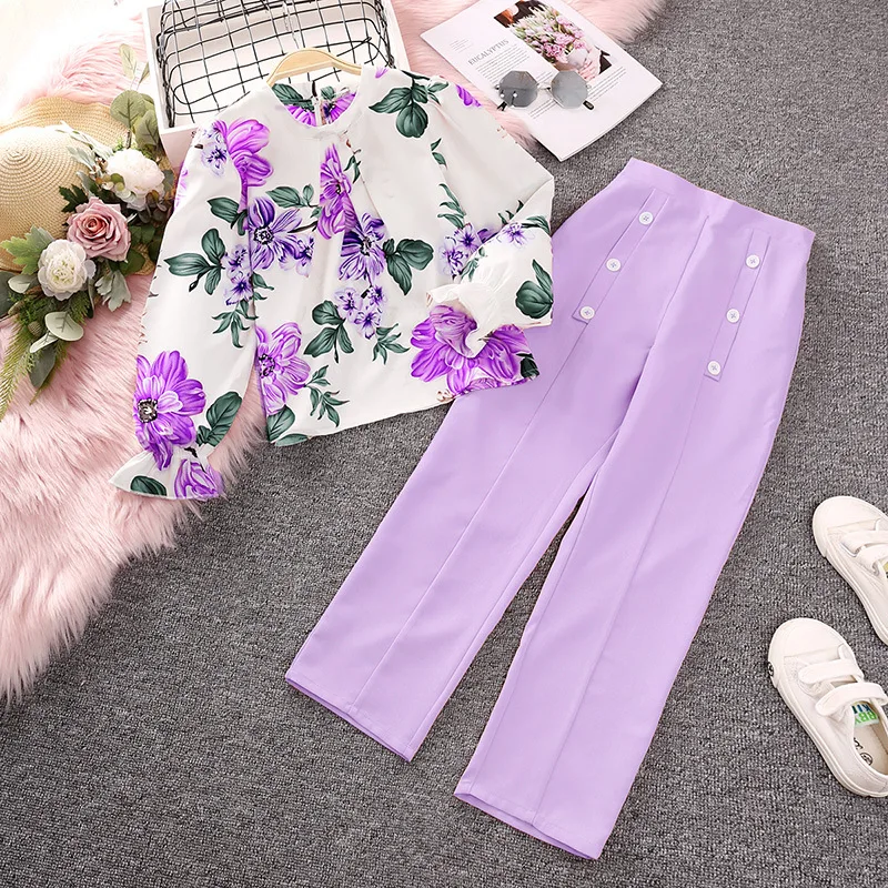 

Spring Fall Children Outfit Sweatshirt Pant New Female Kid Tops Skirt 2Pcs Toddler Girls Flower Printed Long-sleeved Clothe Suit