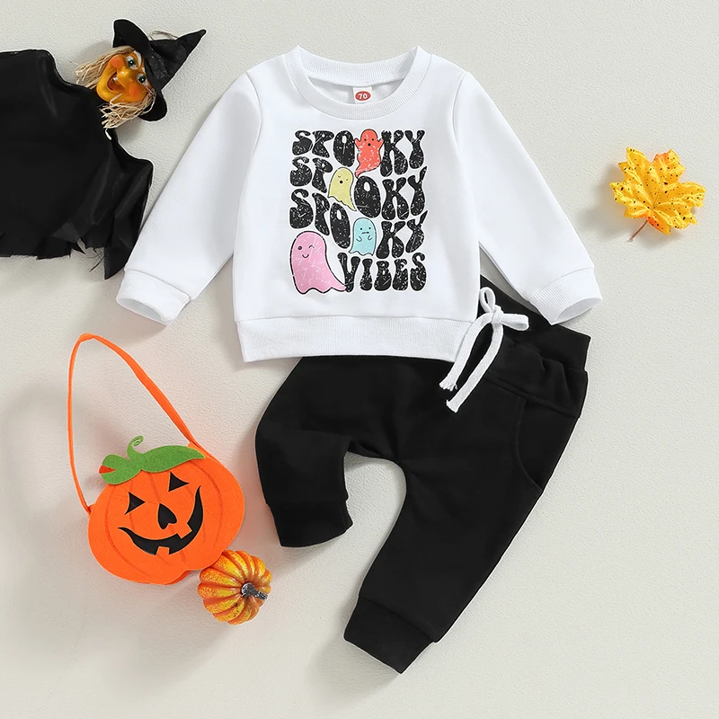 

Toddler Halloween Costume Set with Spooky Ghost Print Sweatshirt and Elastic Pants for Baby Boys Fall 2 Piece Outfit