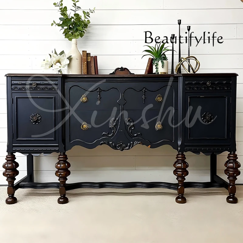 

French retro solid wood dining side cabinet integrated locker against the wall engraved contrasting color porch cabinet