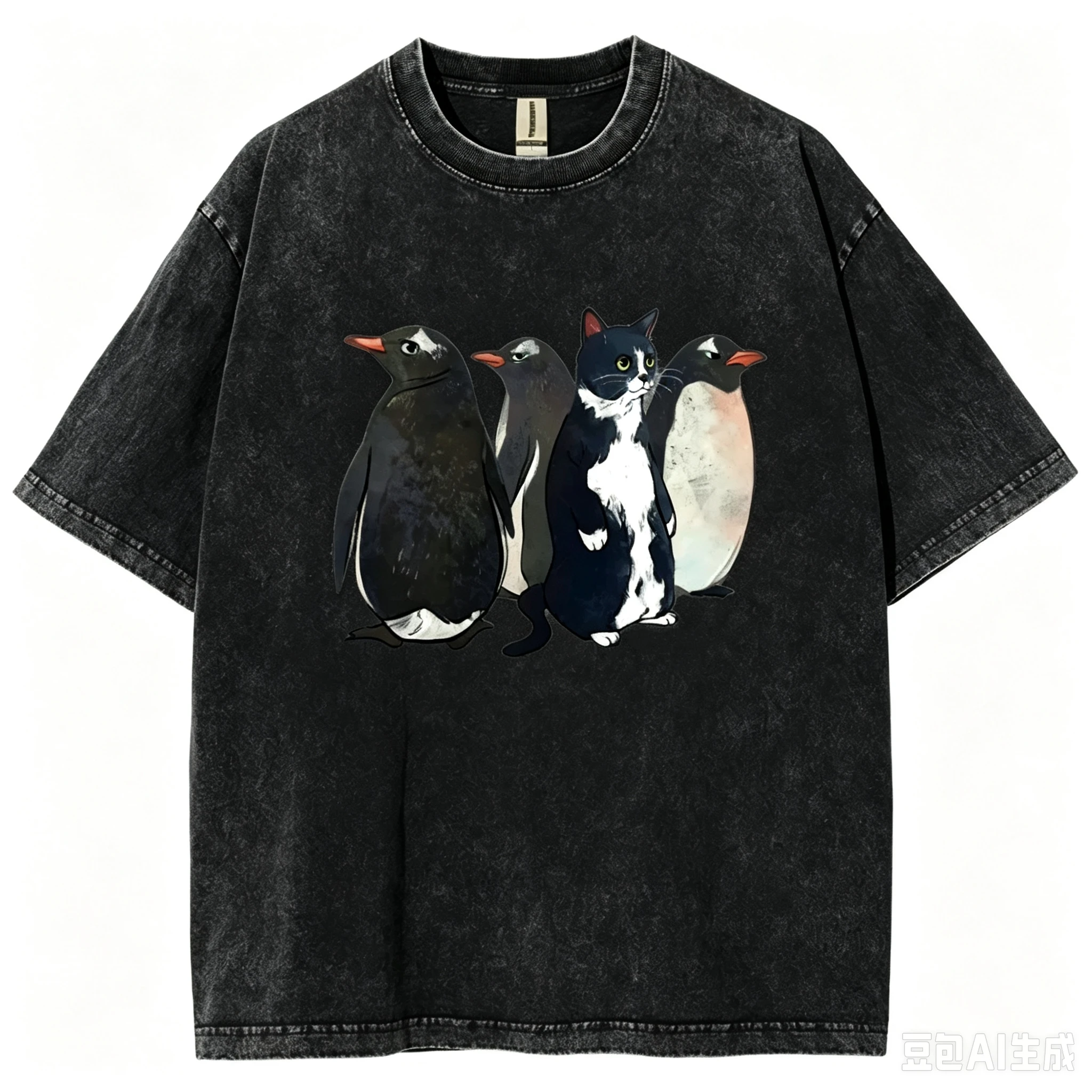 Vintage Washed Tuxedo Cat and Penguin Graphic T Shirt Men Women Cotton Short Sleeve Funny Animal Casual Streetwear Summer Tee