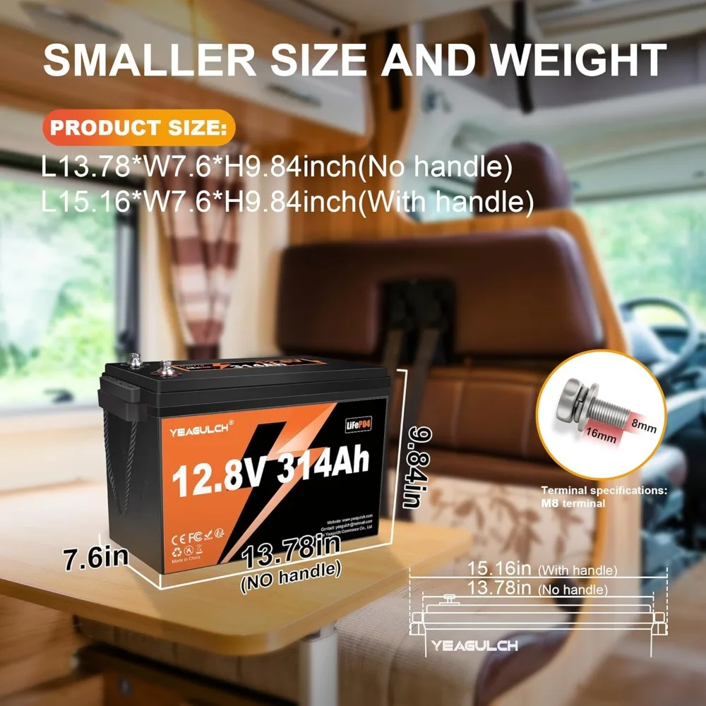 12V 314Ah LiFePO4 Battery 200A BMS 4019Wh 6000+ Deep Cycle for RV Marine Solar Storage, Custom