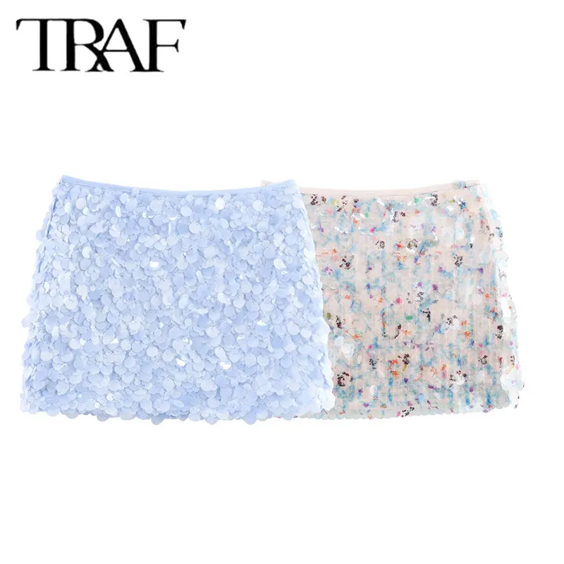 

TRAF 2025 European and American summer new women's clothing style simple and fashionable slim fit hip hugging sequin mini skirt