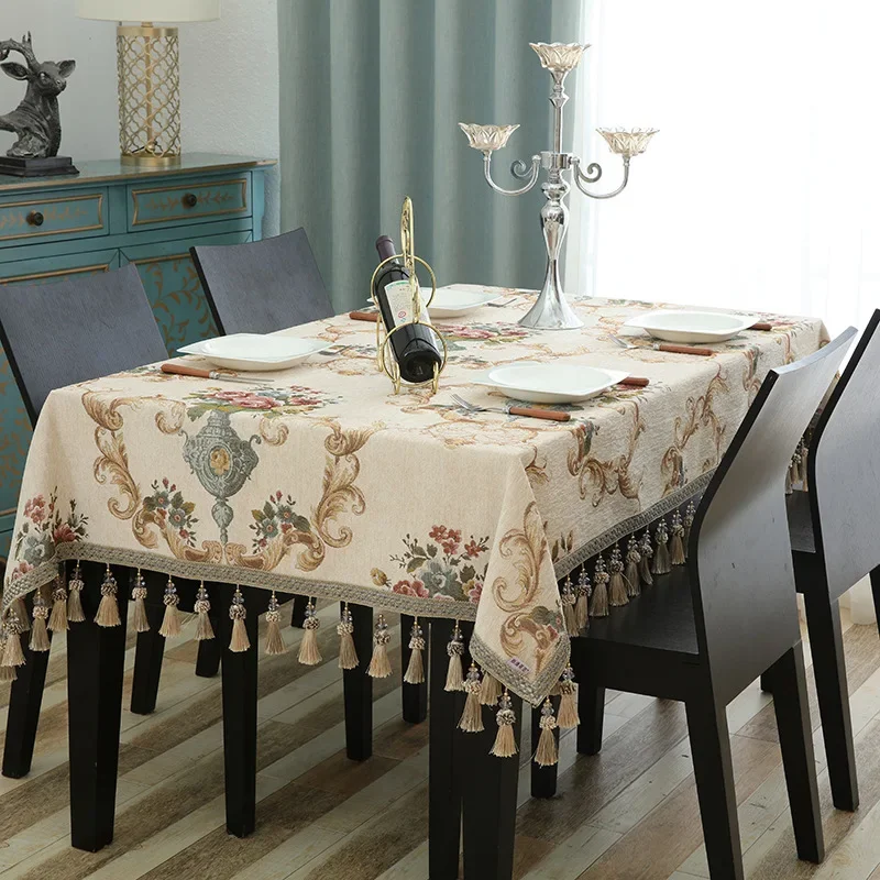 Luxury Jacquard Tablecloth with Tassel Pendant Chenille Fabric Rectangular Table Cover European Living Room Coffee Table Cloth