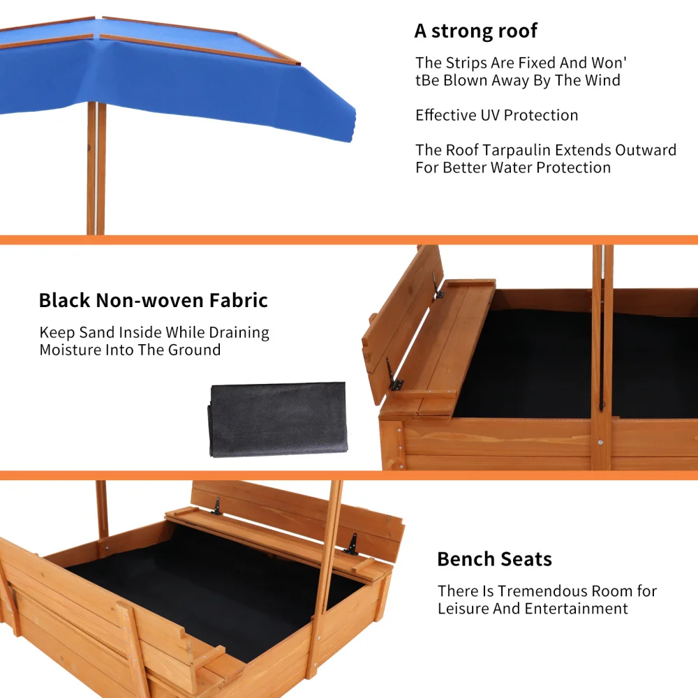 Wood Sandbox with Cover, Sand Box with 2 Bench Seats for Aged 3-8 Years Old, Sand Boxes for Backyard Garden, Sand Pit for Beach