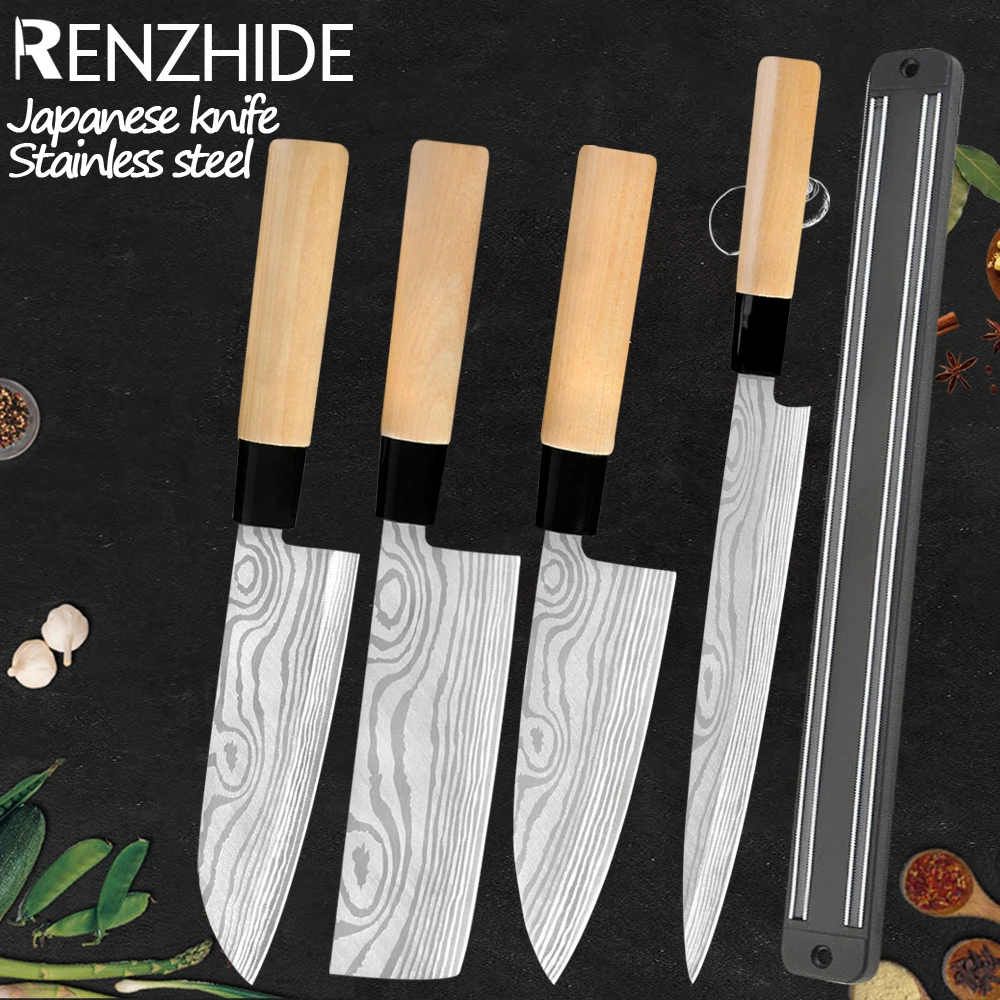 RZD Sushi Sashimi Chef Knives Set Japanese Cooking Stainless Steel Fishing Fillet Knife Cleaver Meat Chopping Slicer Wood Handle