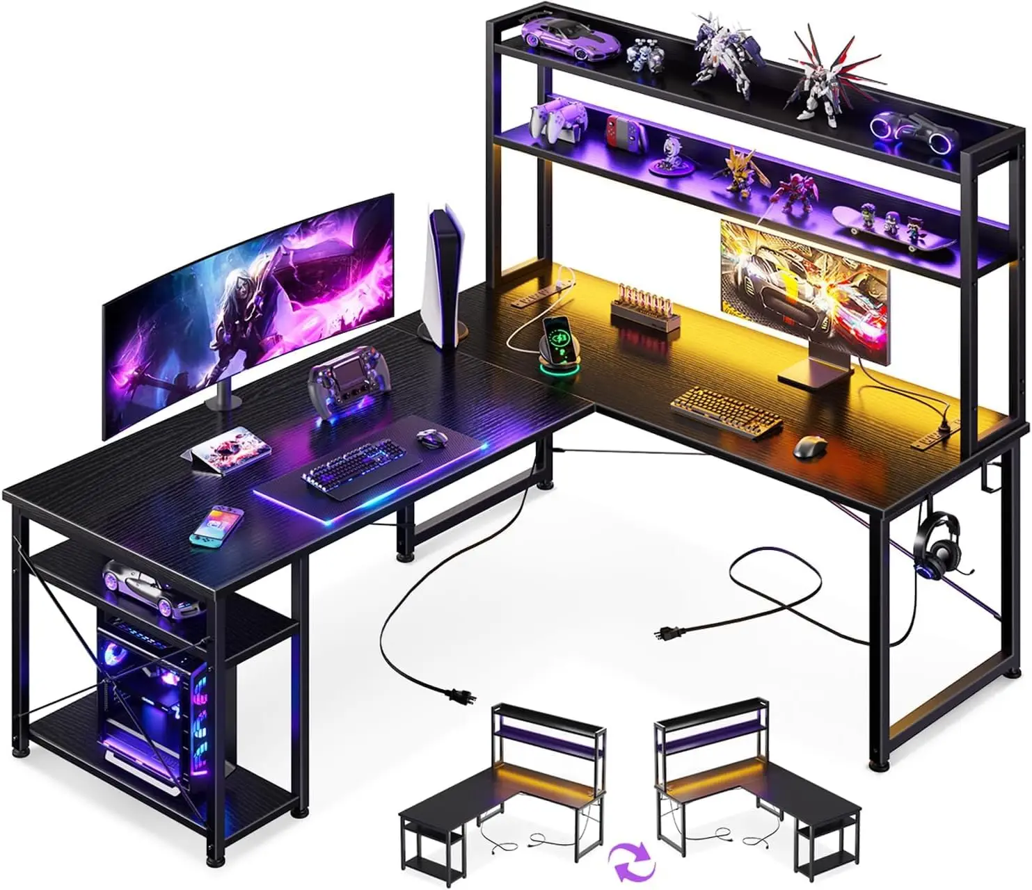 L Shaped Gaming Desk with Hutch & 2 Power Outlets & 2 LED Strips & Monitor Stand, 59