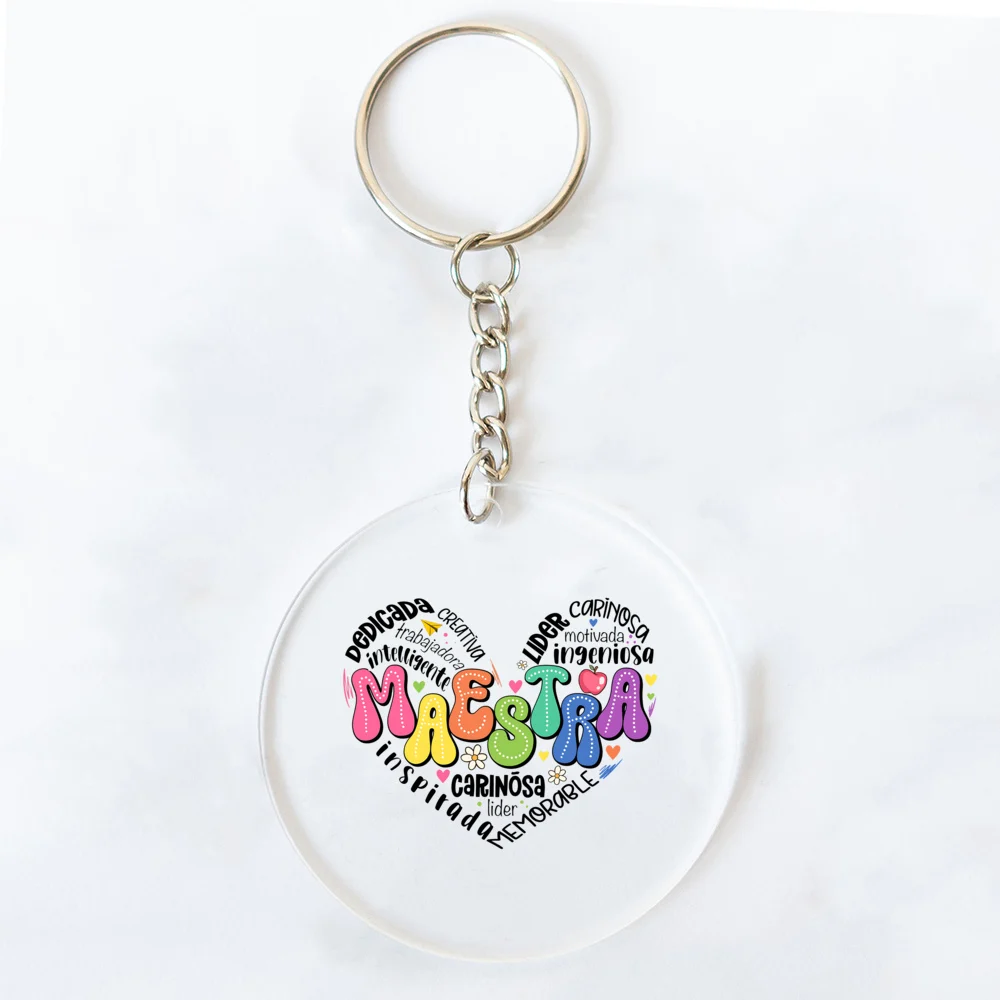 Back To School Gift Keychain Spanish Maestra Acrylic Keychain Cute Rainbow Pencil Pattern Keyring Pendant Decoration