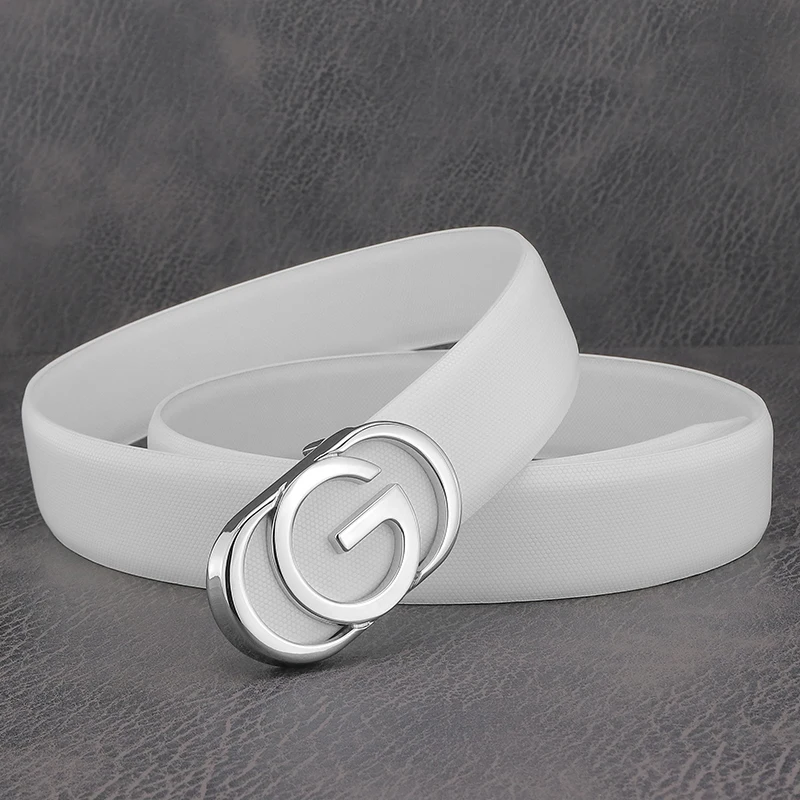 

Hot Sale White Belt Men's Luxury Designer Leather 3.3cm Wide Belt With Sliding Buckle G Letter Belt High Quality