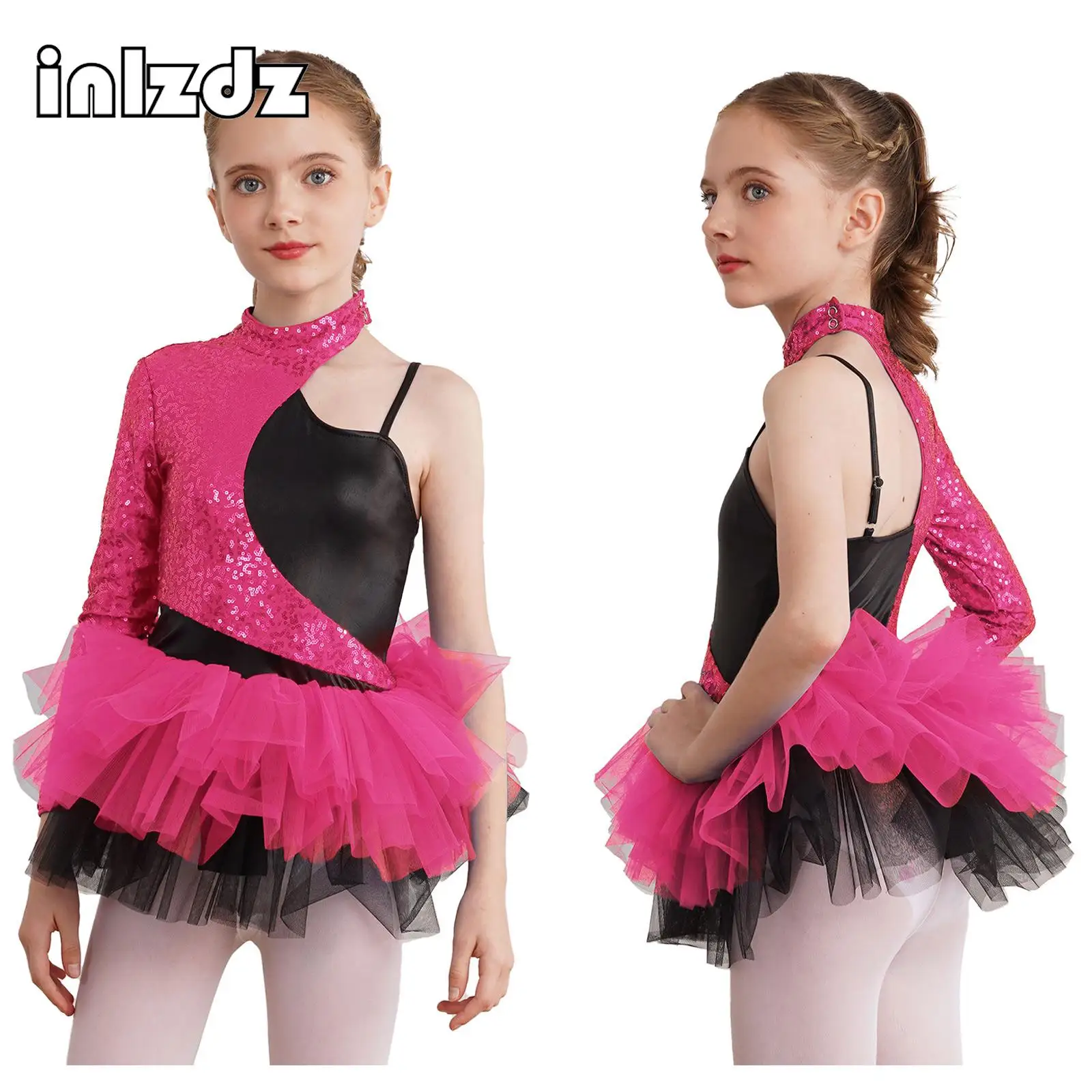 

Kids Girls Sequin Ballet Dance Tutu Dress Tulle Skirts Skating Gymnastics Leotard Asymmetrical Sleeves Jazz Cha-cha Costume