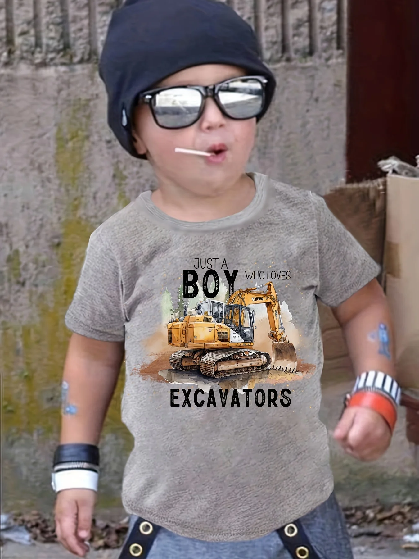 Boys Short Sleeve T‑Shirt, Just A Boy Who Loves Excavators Print Crew Neck Kids Construction Tee