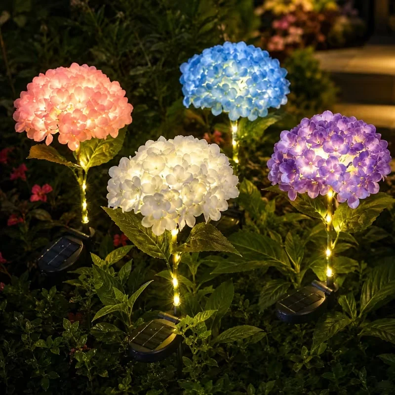 Solar Single Hydrangea Stake Lights, Floral Lamp for Lawn Patio Path, Wedding Holiday Decor, Christmas Mother's Day Garden Gift