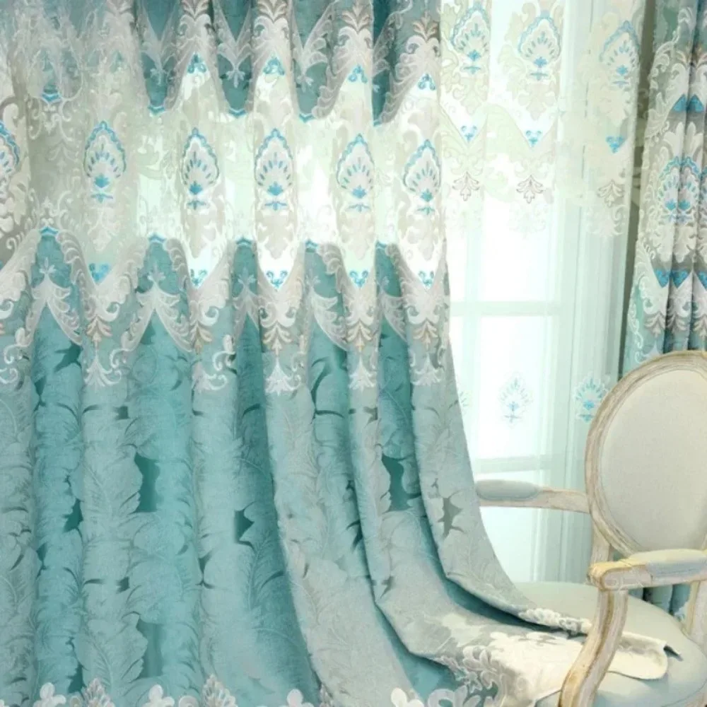 European Green Chenille Hollow Embroidered Luxury Curtains For Living Room Dining Bedroom Blackout Valance Window Custom Tulle