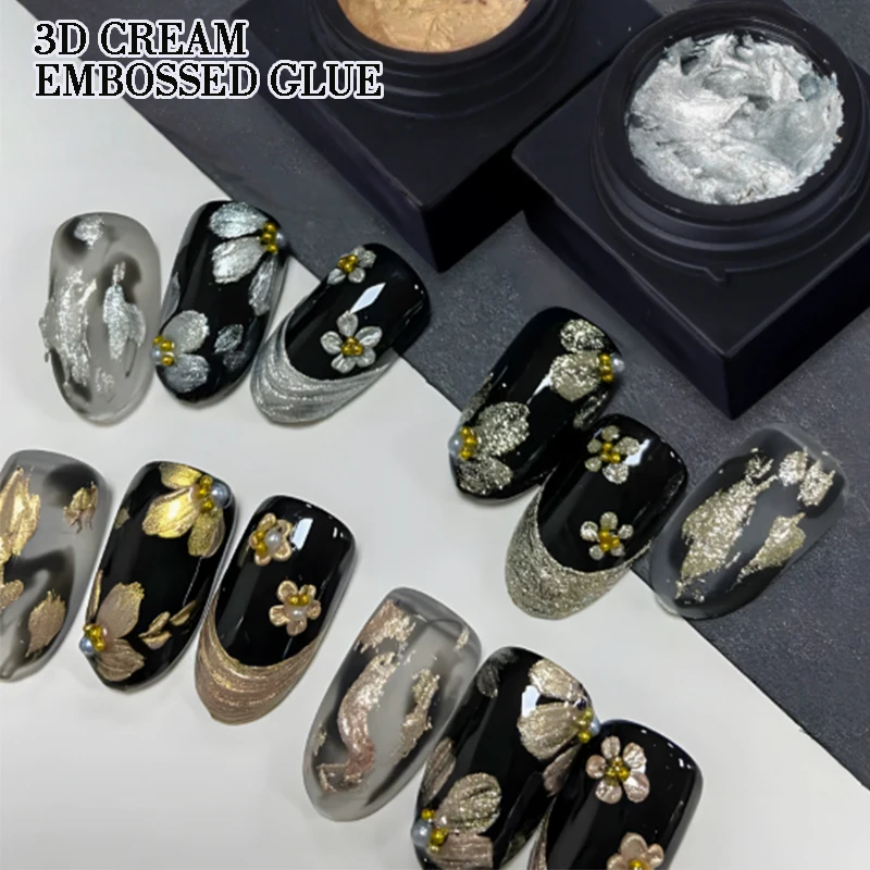 

Japanese-style 3D nail art with embossed gel polish, colored nail polish lines, textured finish, powder coating, and metallic na