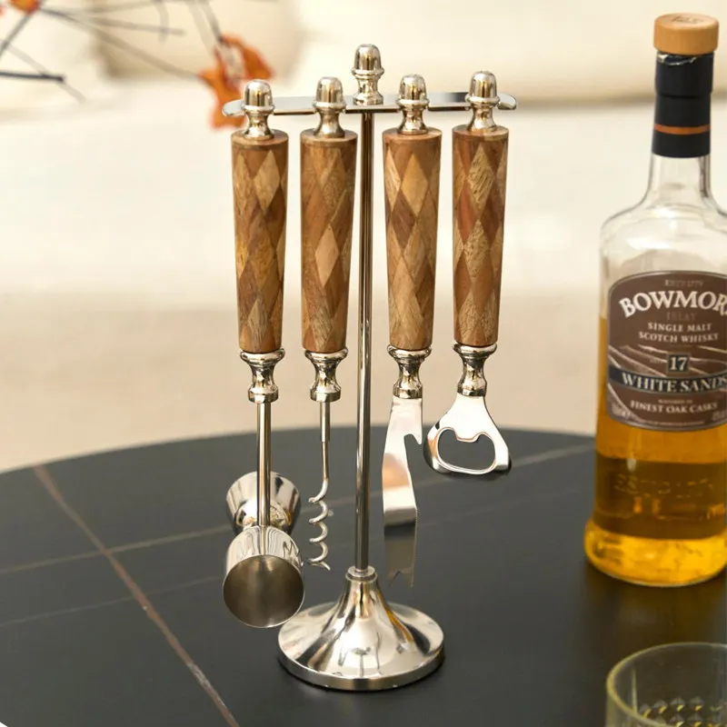 Indian ornament brown rhombus wood handle bottle opener four-piece set, model room bar restaurant wine barrel