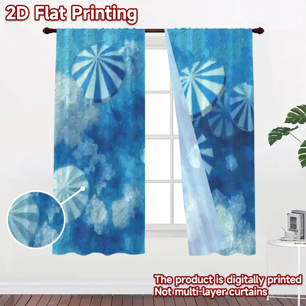 2D flat printing 2pcs Curtain Curtains Blue Sky Beach Umbrellas Digital Printed Polyester Drapes Birthday Party Perfect for Room