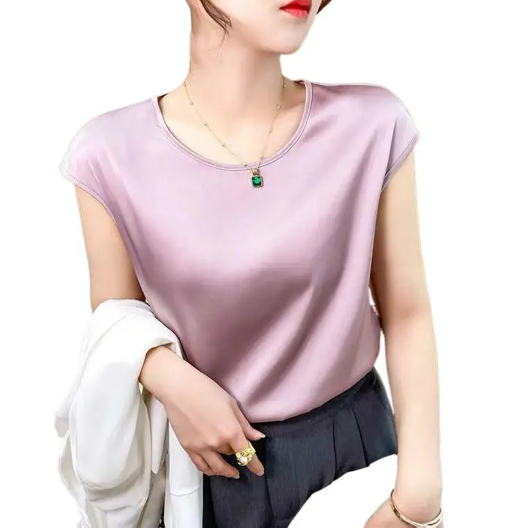 Korean fashion streetwear chiffon shirt Blusas Office Lady Acetate satin Tops Summer Short Sleeve artificial silk Blouses blusas