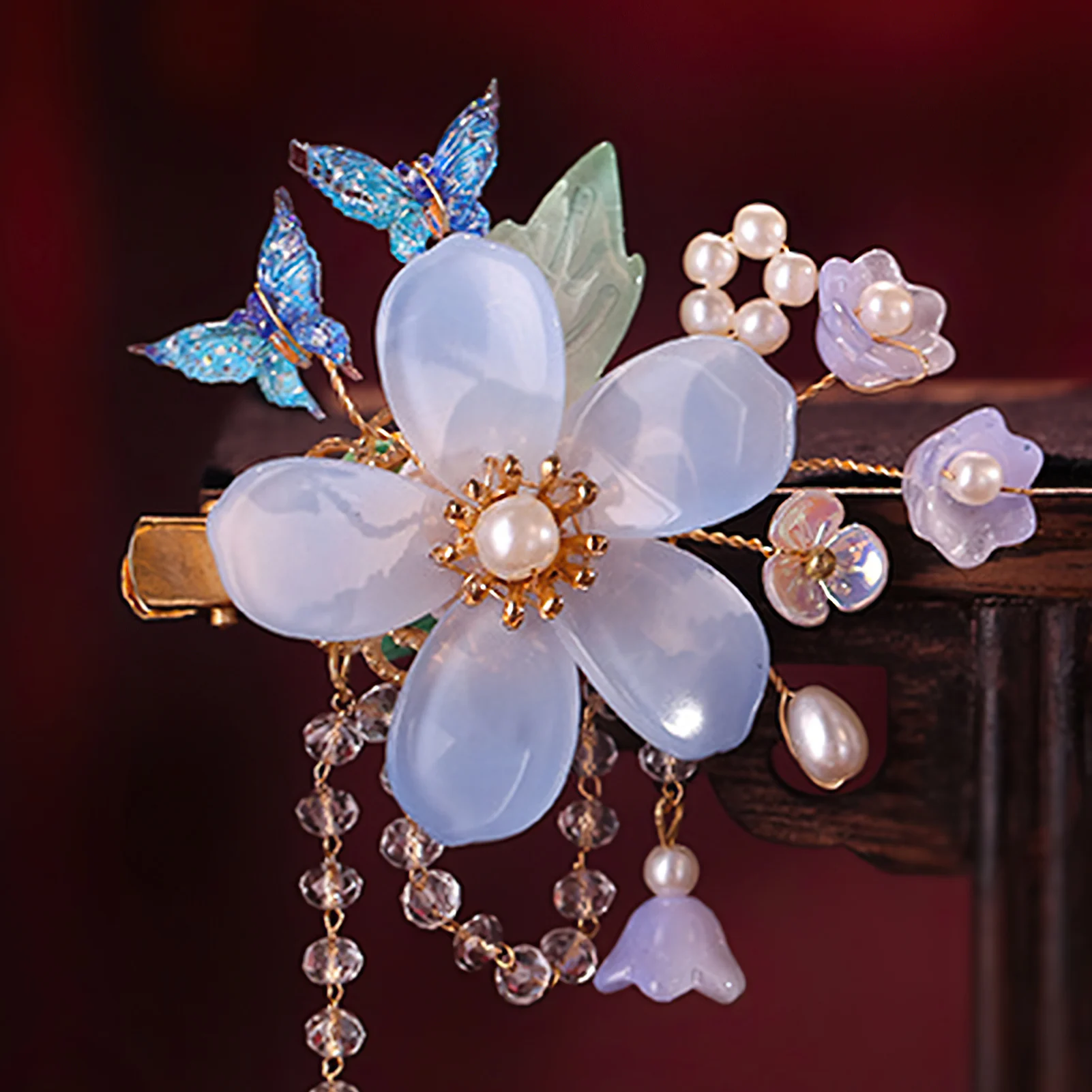 2 Stück Retro-Blumen-Haarspangen im chinesischen Stil, Glasblumen-Quasten-Haarspangen-Set, Hanfu-Cheongsam-Kleid-Schmuck, Haar-Accessoires – Detail 8
