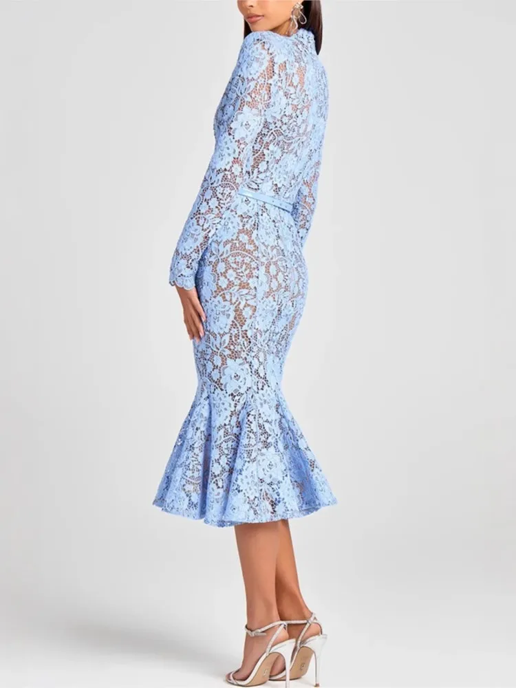 Autumn Sexy Lace See Through Jacquard Prom Fishtail Long Dress Elegant Women Dress Crochet Hollow High-waist Bodycon Dresses