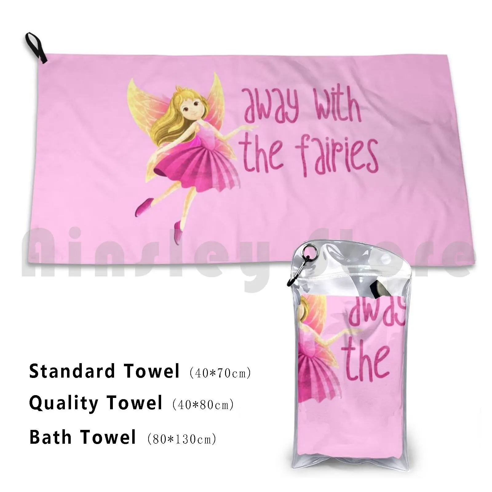 Away With The Fairies Bath Towel Beach Cushion Fairy Fairies Pink Girls Daydream Text Silly Fun Phrase Idiom