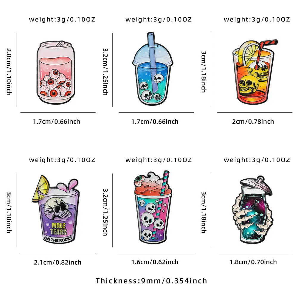 6pcs Cool Halloween Enamel Pin Collection Spooky Skull Eyeball Soda Milk Tea Cup Metal Brooches Gothic Accessories Gift - view 4