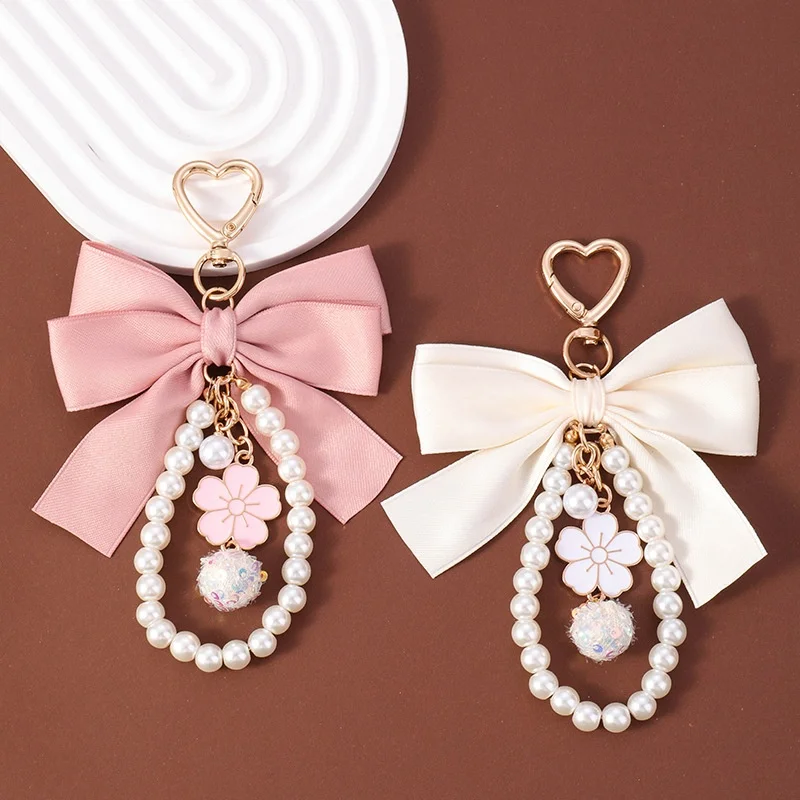 Imitation Pearl Keychain Sweet Fashion Ribbon Bowknot Keyring Accessories Metal Buckle Women Bag Charms Best Gifts Jewelry