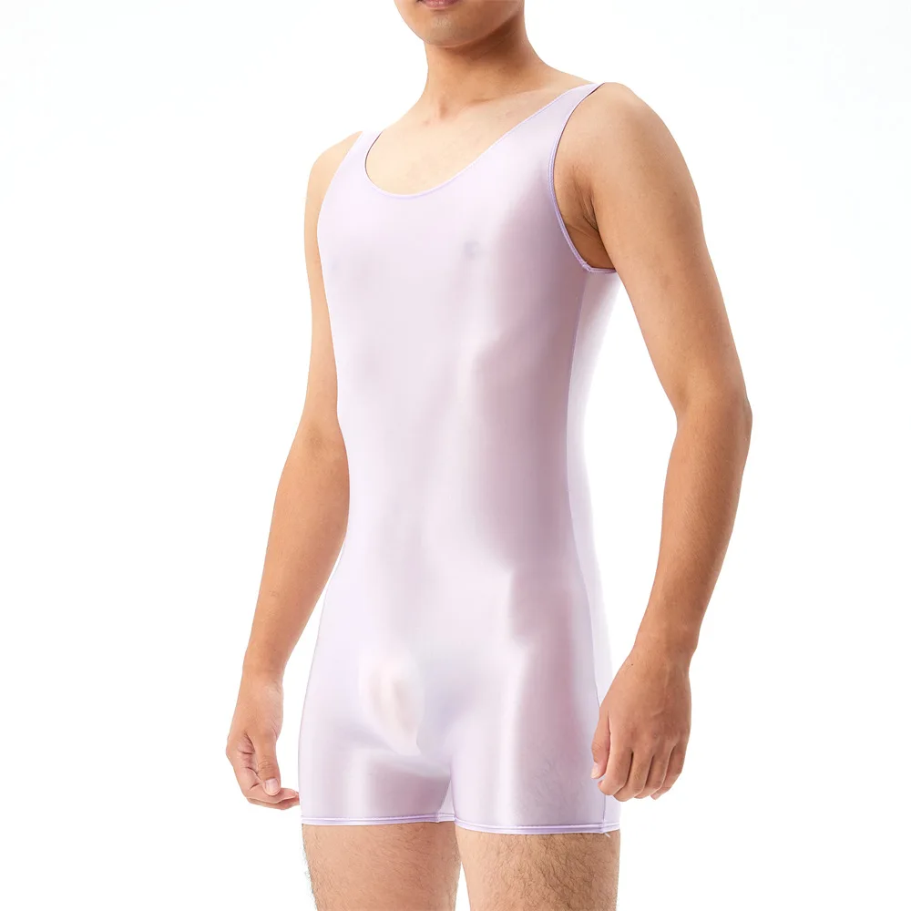 Mens Undershirts Leotard Sleeveless Glossy Elastic Seamless Bodysuits Wrestling Singlet Bodywear Lingerie Sheer Gay Jumpsuits