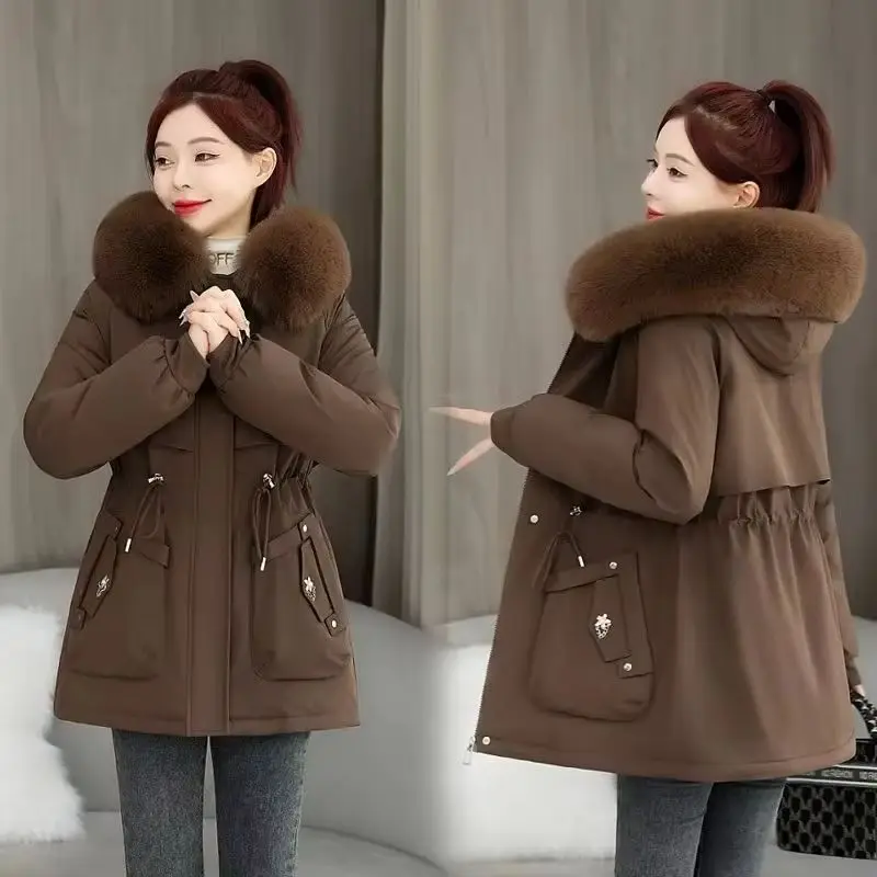 

New Women Parkas Jacket Mid Long Coat Plush Lining Hooded Parkas Female Winter with Fur Collar Warm Snow Wear Padded Clothes