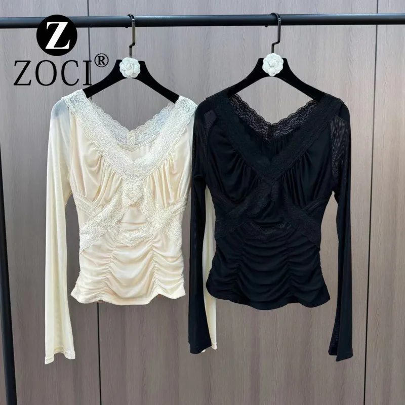 [ZOCI] Yuzu MM Spring 2025 Current Collection Front And Rear V-neck Lace Edge Long Sleeve Pinch Fold Waist Elastic