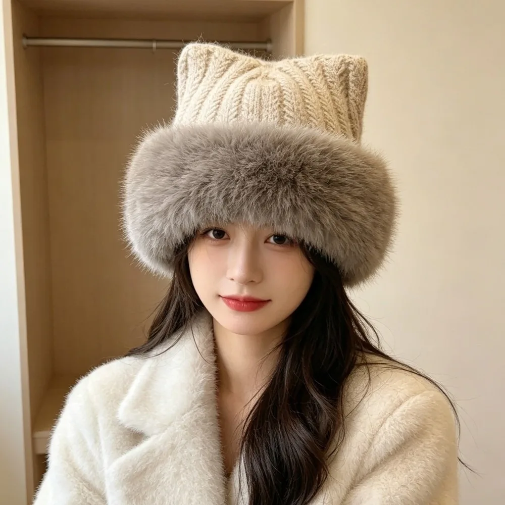 Polyester Fuzzy Knitted Bucket Hat 56cm To 60cm Head Circumference Faux Fur Brim Cat Ear Bucket Beanie Earflap